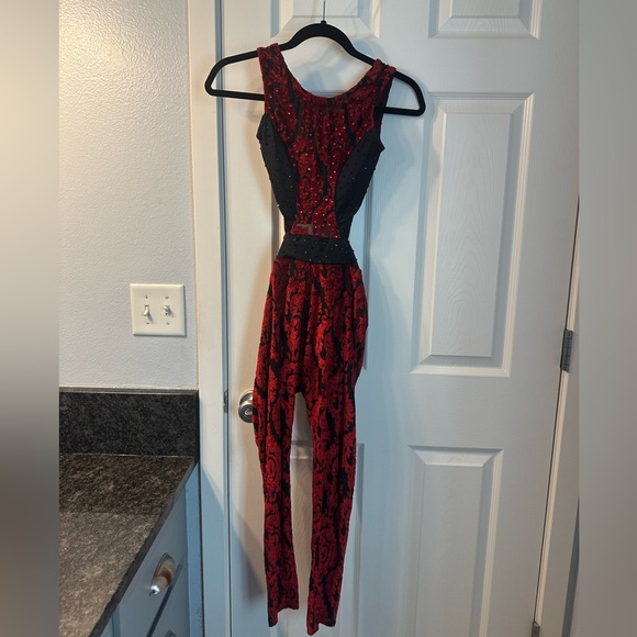 Reverence Bodysuit Dance costume. Black with red velour type pattern.  Size AS. - Picture 2 of 7